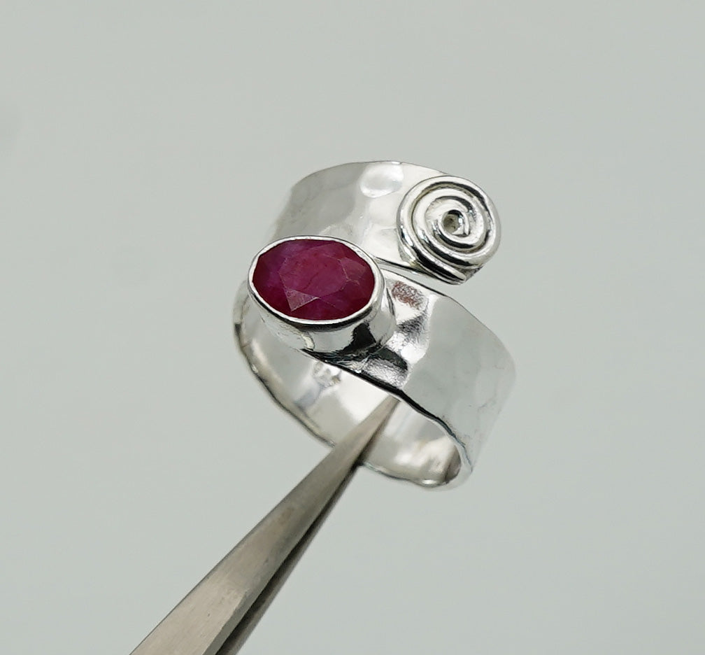 925 Solid Sterling Silver Natural Gemstone Adjustable Hammered Ring