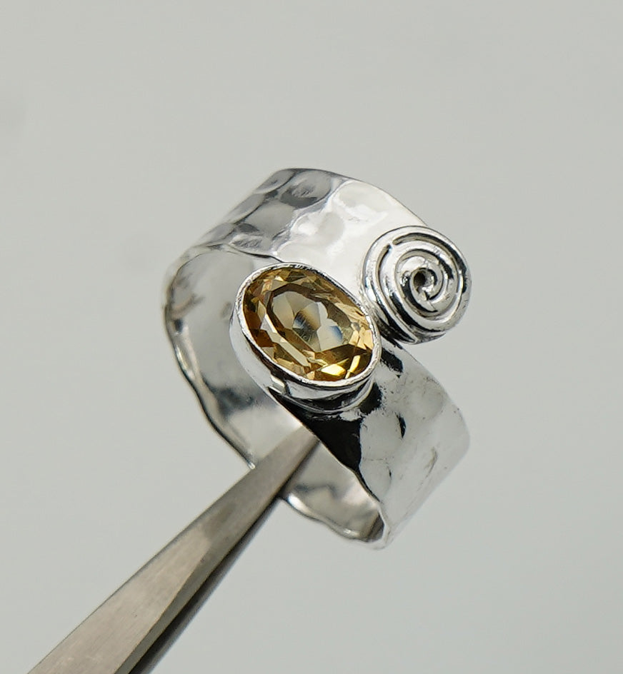 925 Solid Sterling Silver Natural Gemstone Adjustable Hammered Ring