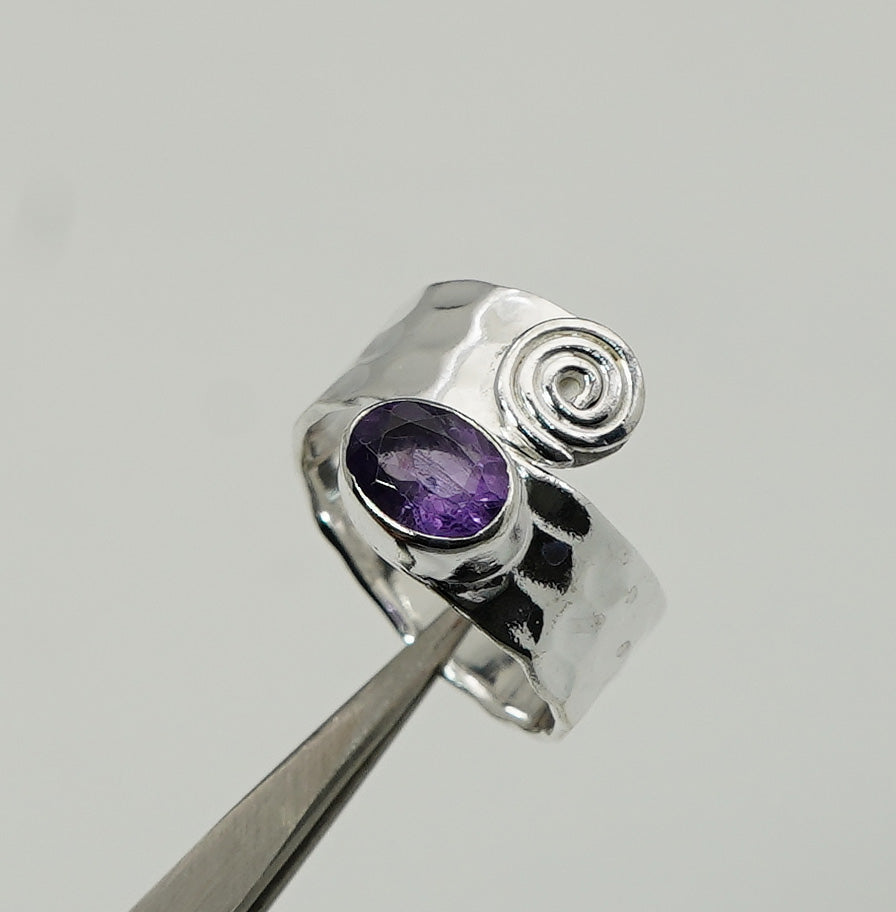 925 Solid Sterling Silver Natural Gemstone Adjustable Hammered Ring