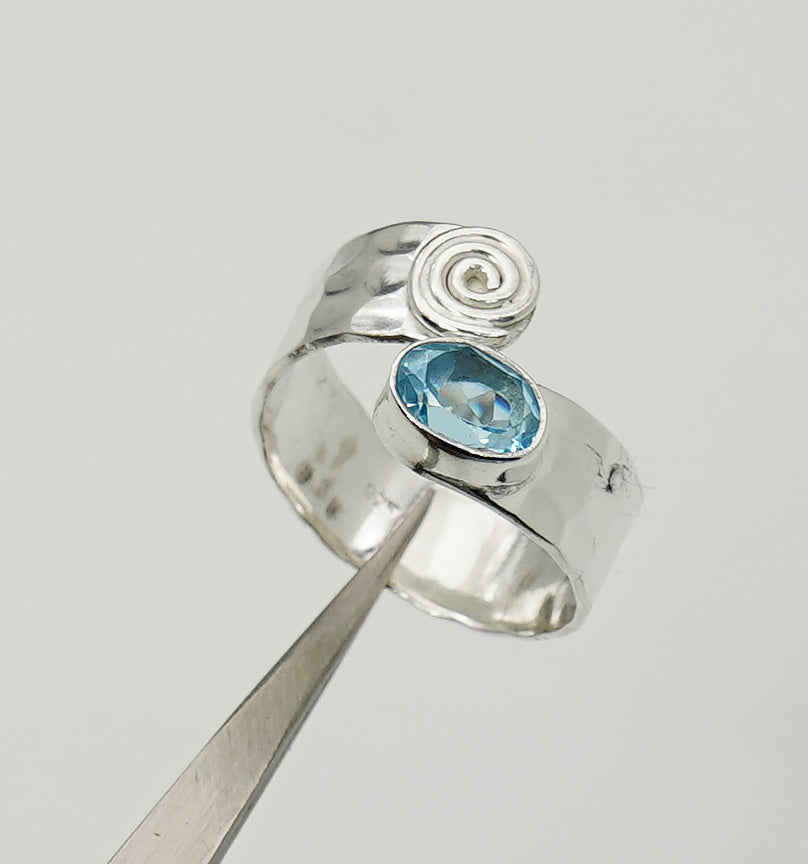 925 Solid Sterling Silver Natural Gemstone Adjustable Hammered Ring
