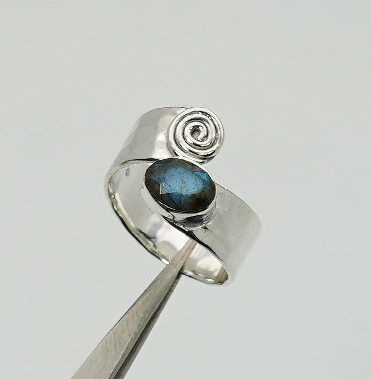 925 Solid Sterling Silver Natural Gemstone Adjustable Hammered Ring
