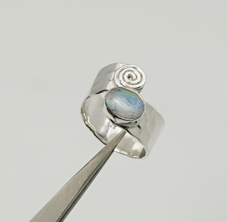 925 Solid Sterling Silver Natural Gemstone Adjustable Hammered Ring