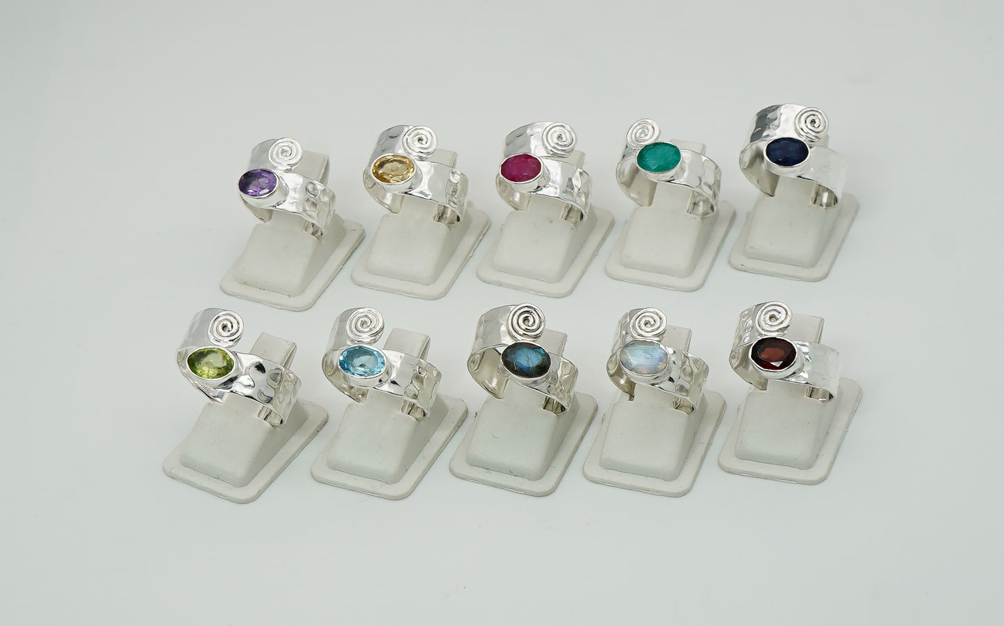 925 Solid Sterling Silver Natural Gemstone Adjustable Hammered Ring