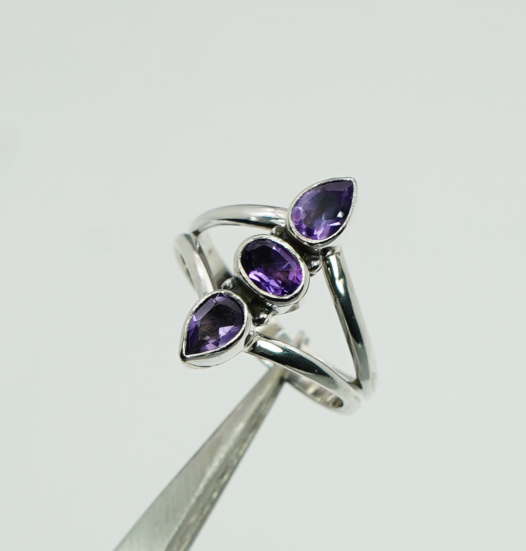 925 Sterling Silver faceted Gemstone Desinger Handmade Ring 3 Stone Ring
