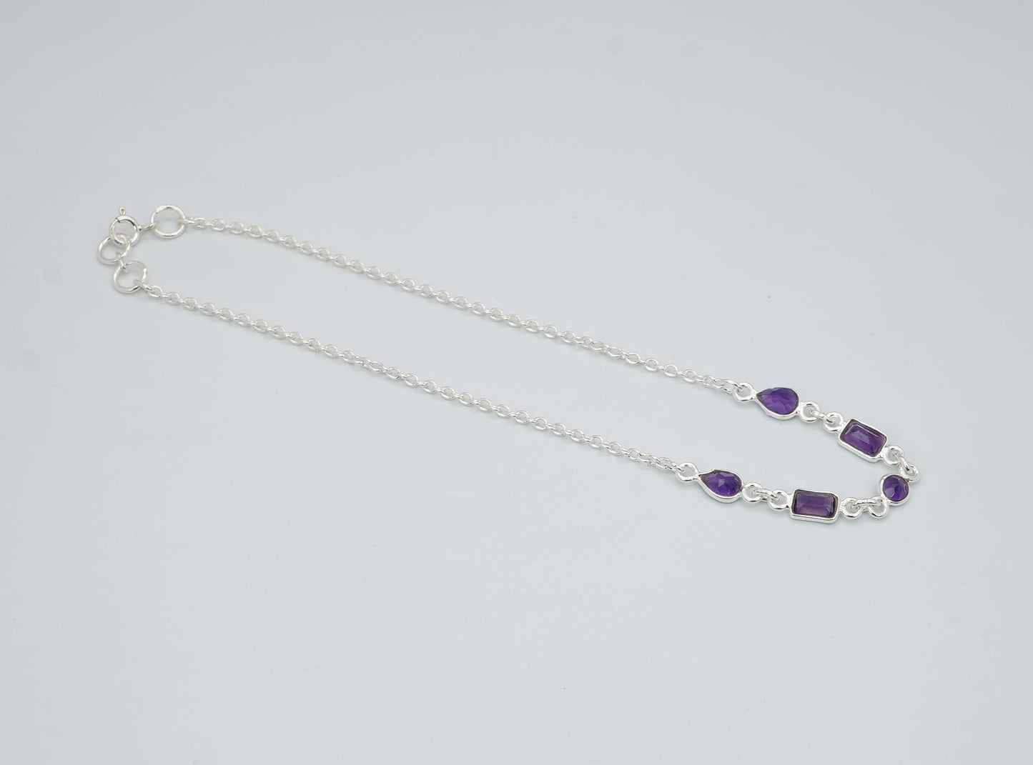 925 Solid Sterling Silver Faceted Gemstone Anklet - 4 Grams