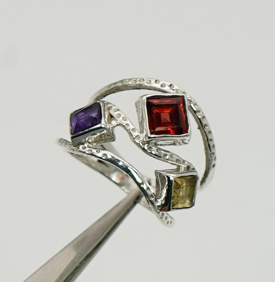925 Sterling Silver Real Multi Cut Citrine, Amethyst Ring 3 Stone Ring