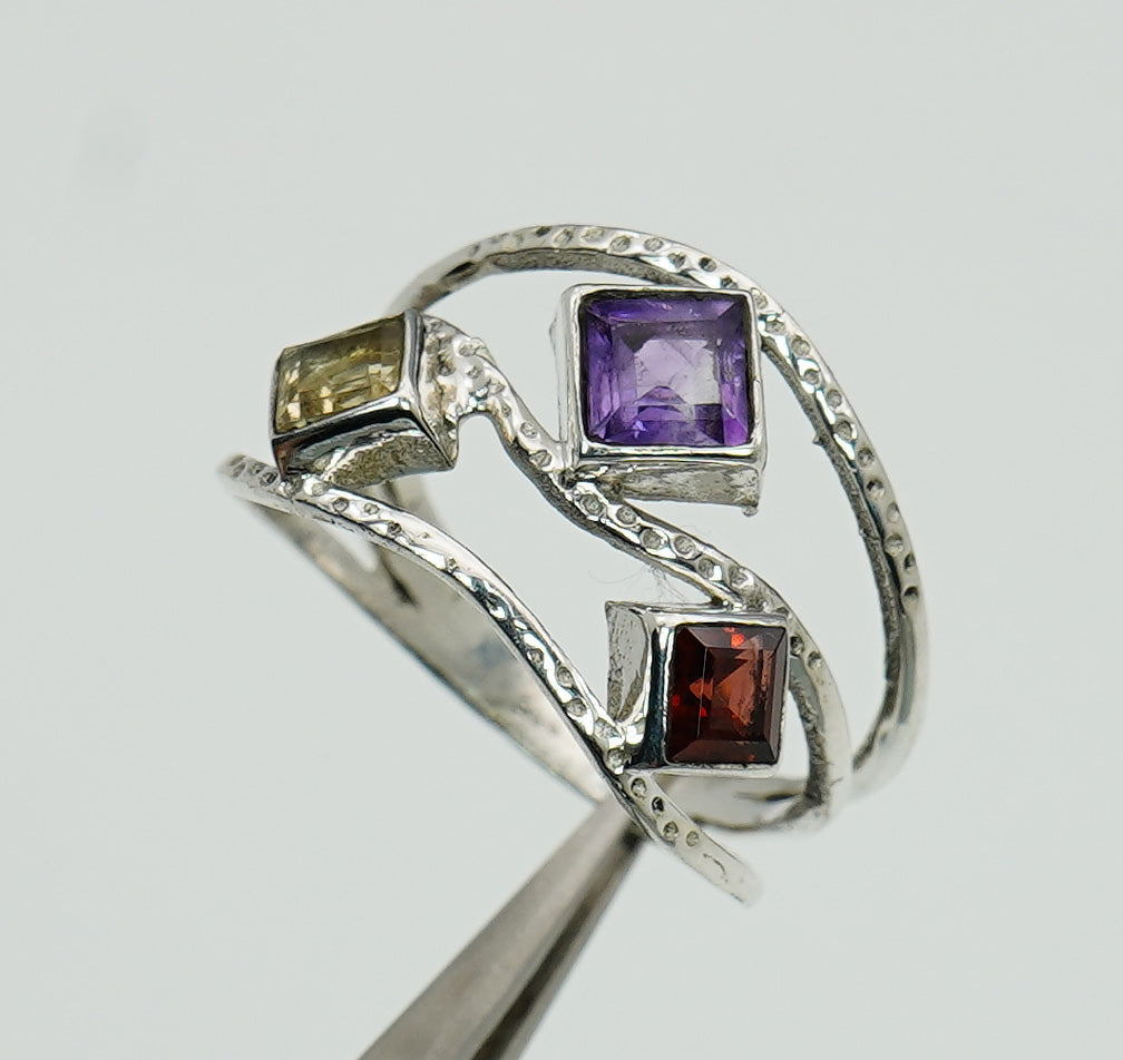 925 Sterling Silver Real Multi Cut Citrine, Amethyst Ring 3 Stone Ring