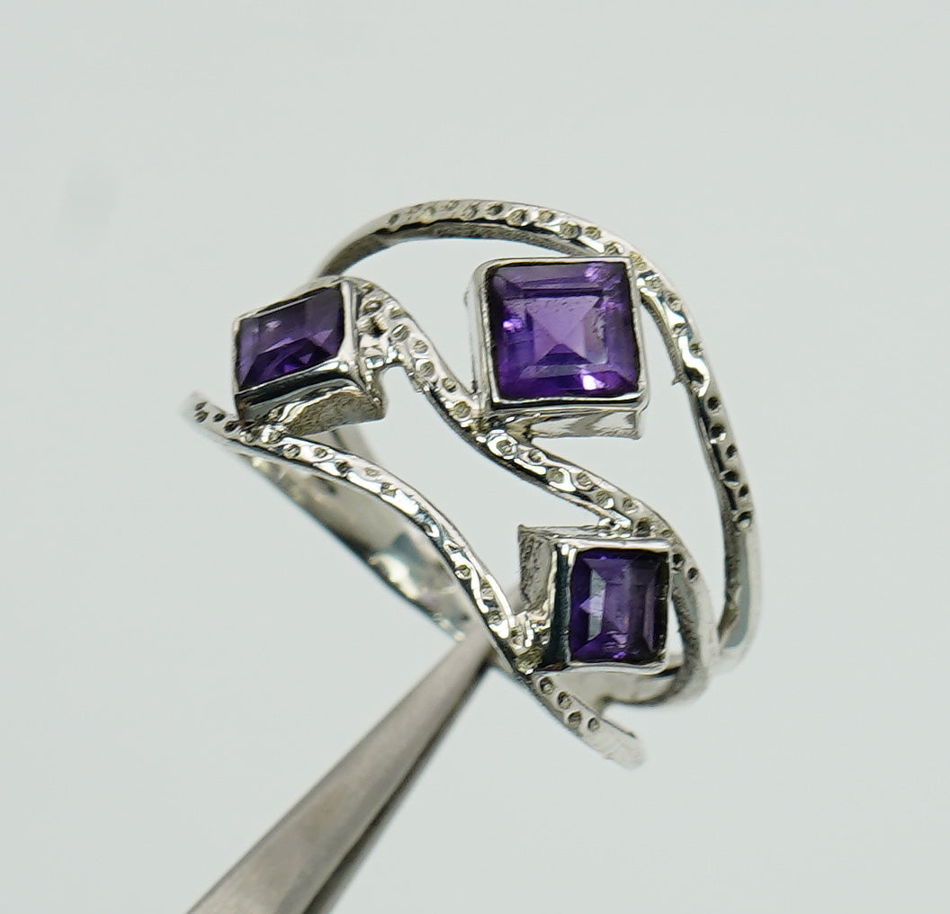925 Sterling Silver Real Multi Cut Citrine, Amethyst Ring 3 Stone Ring
