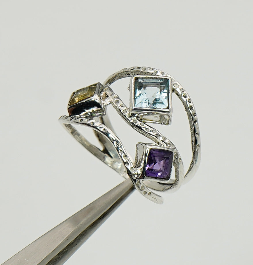 925 Sterling Silver Real Multi Cut Citrine, Amethyst Ring 3 Stone Ring