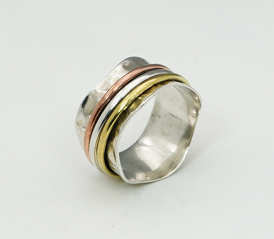 925 Sterling Silver Tow & Three Tone Mix Metal Spinner Ring