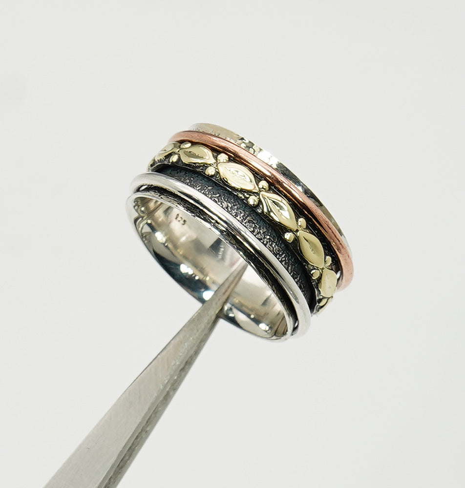 925 Sterling Silver Tow & Three Tone Mix Metal Spinner Ring