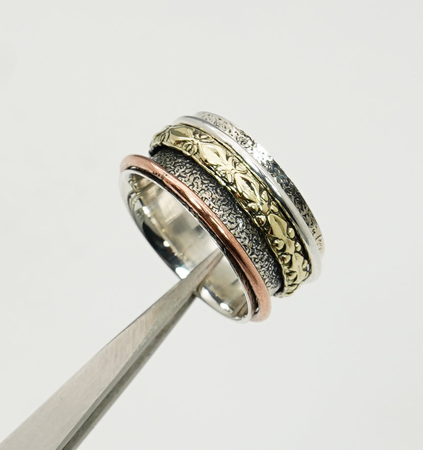 925 Sterling Silver Tow & Three Tone Mix Metal Spinner Ring
