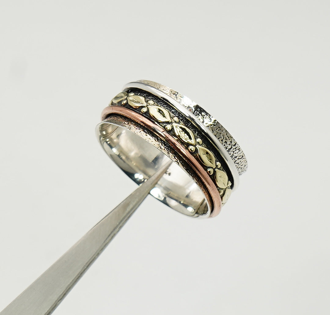 925 Sterling Silver Tow & Three Tone Mix Metal Spinner Ring