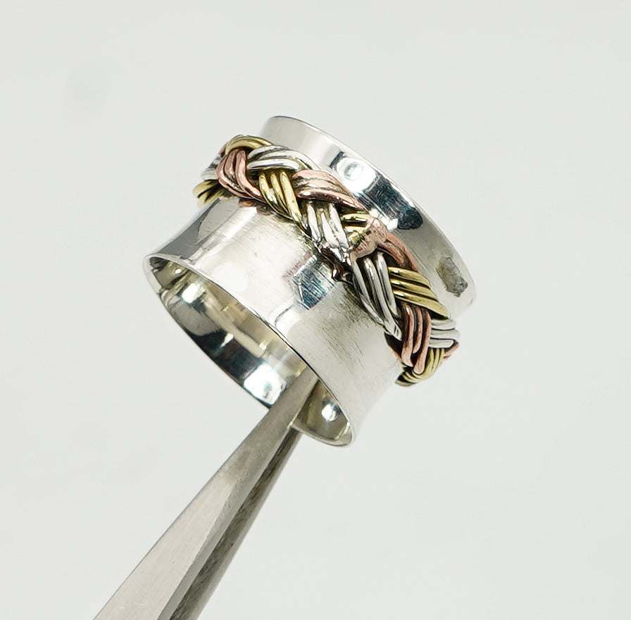925 Sterling Silver Tow & Three Tone Mix Metal Spinner Ring