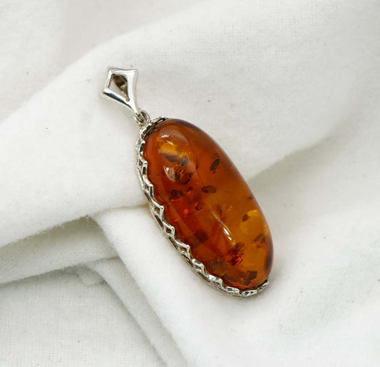 925 Solid Sterling Silver Natural Baltic Amber Pendant - 7.3 Grams