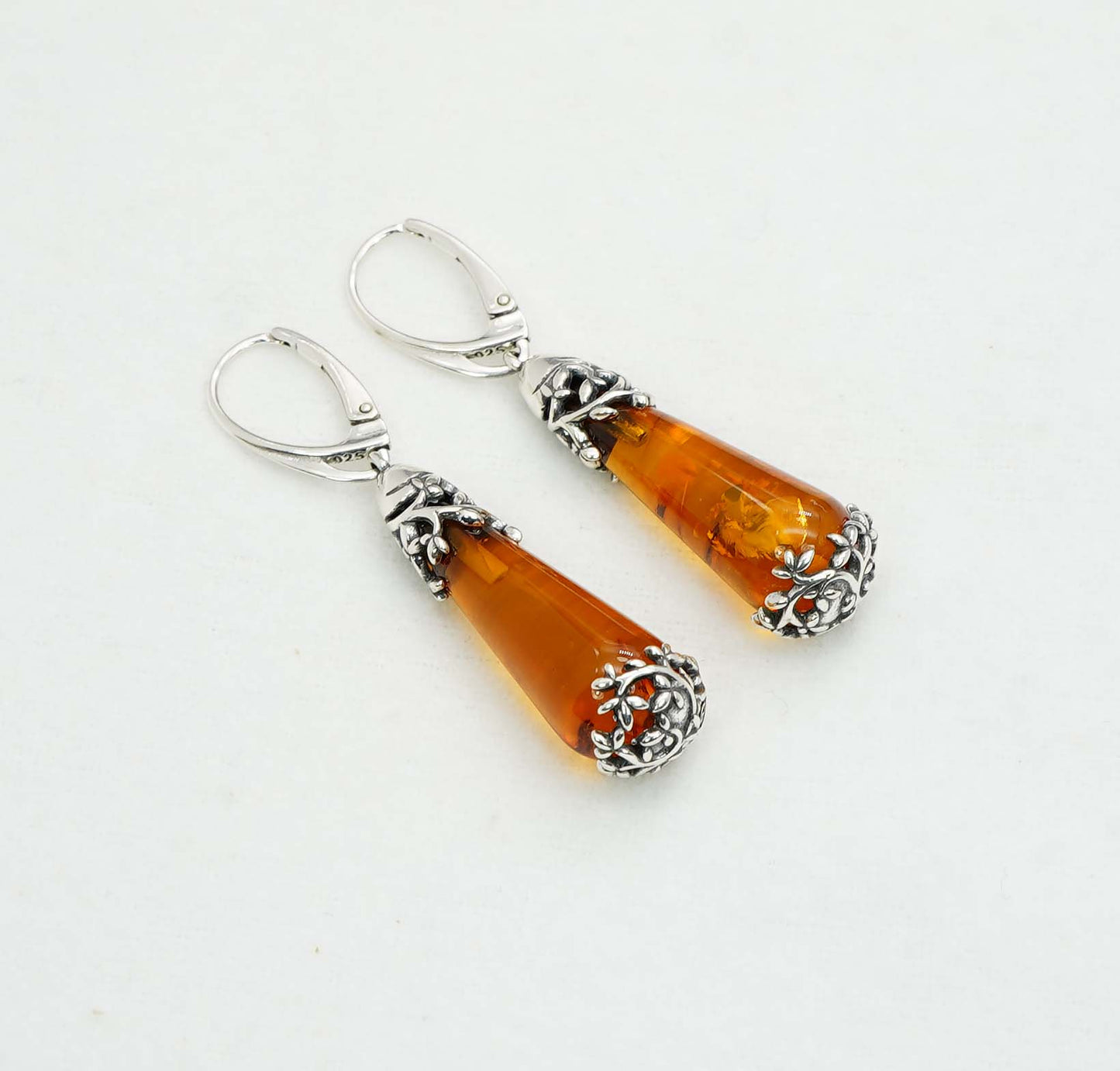 925 Solid Sterling Silver Natural Baltic Amber Drop Russian Lock Earring - 8 Grams