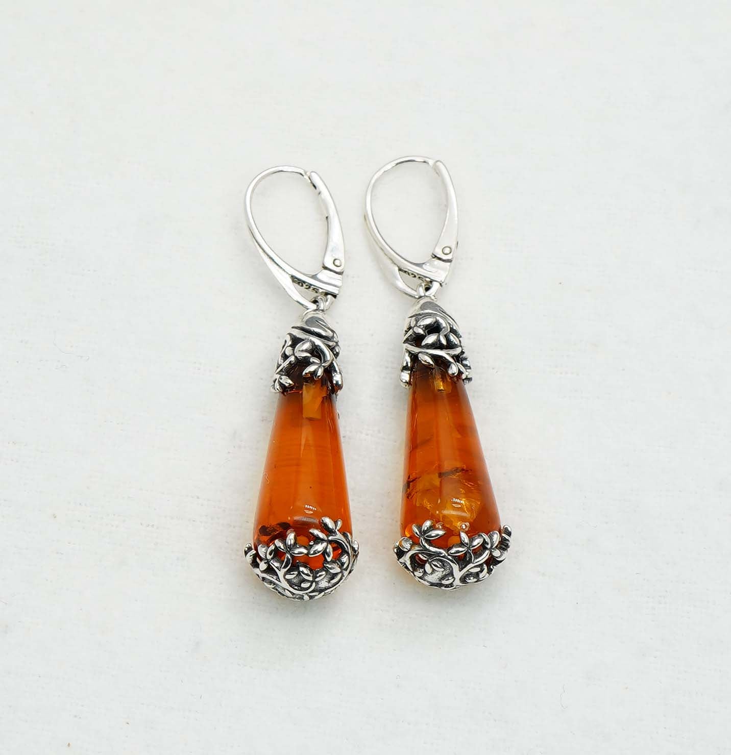 925 Solid Sterling Silver Natural Baltic Amber Drop Russian Lock Earring - 8 Grams
