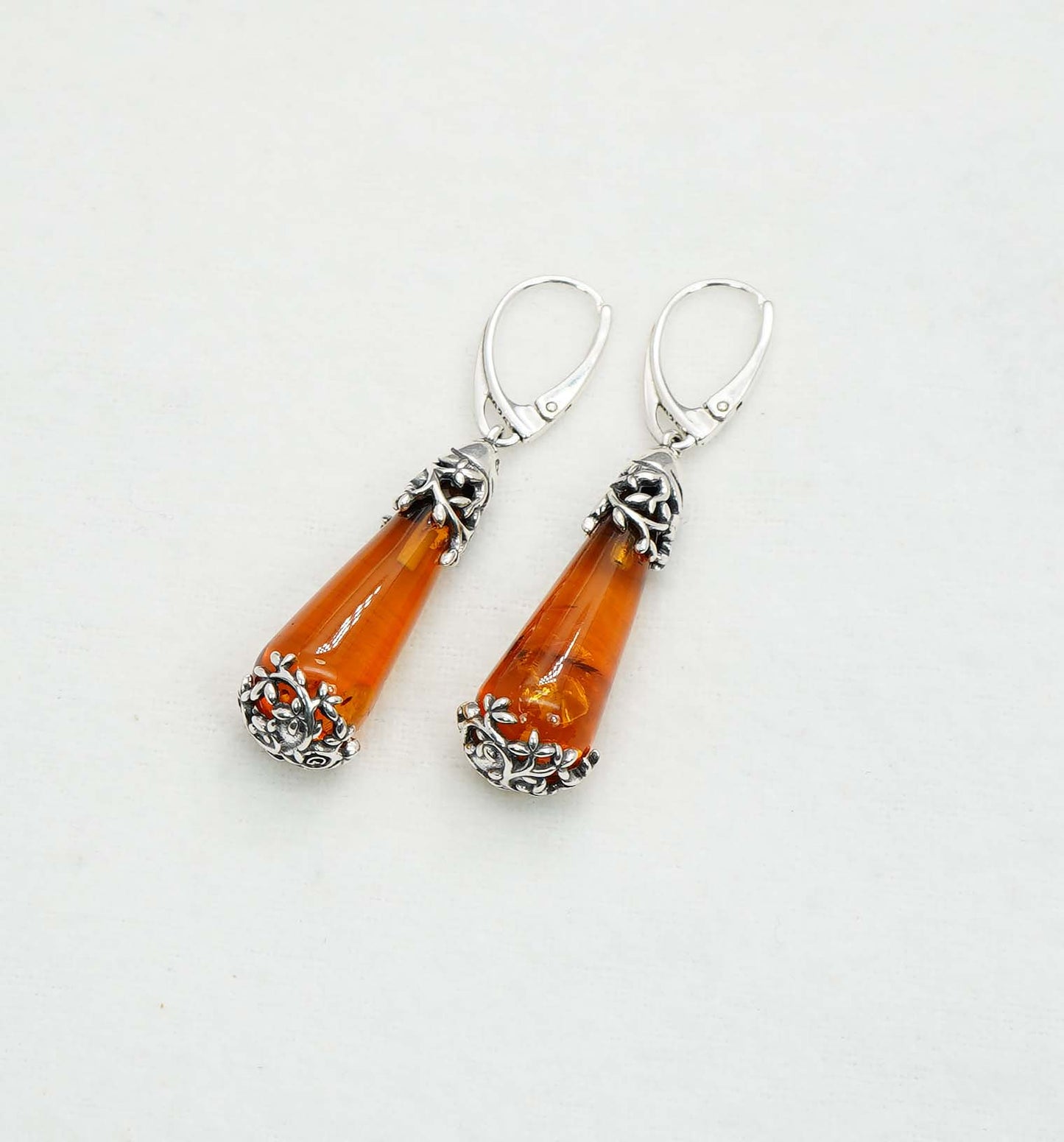 925 Solid Sterling Silver Natural Baltic Amber Drop Russian Lock Earring - 8 Grams