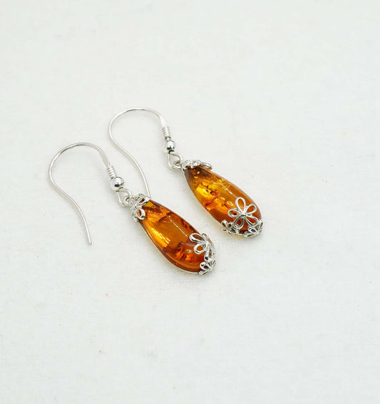 925 Solid Sterling Silver Natural Baltic Amber Hook Earring - 3.8 Grams