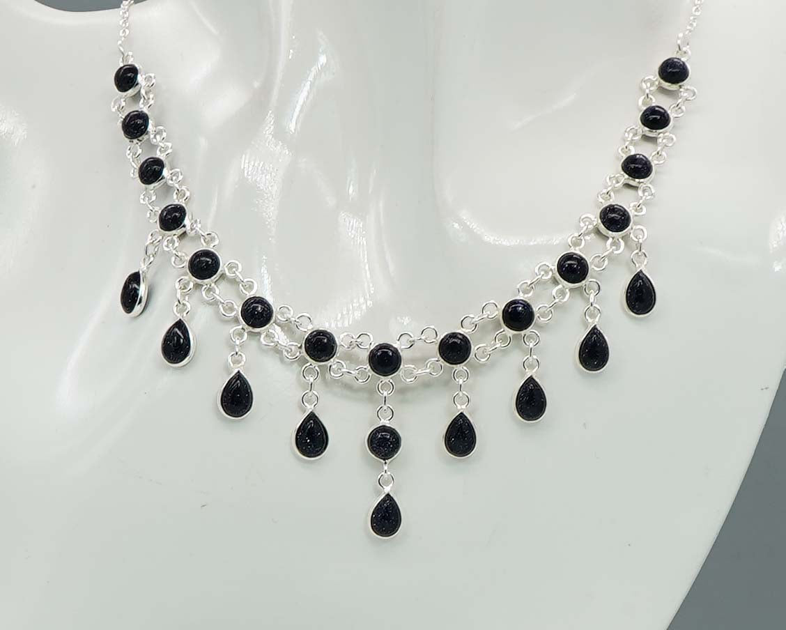 925 Solid Sterling Silver Blue Sunstone Necklace - 12.6 GM