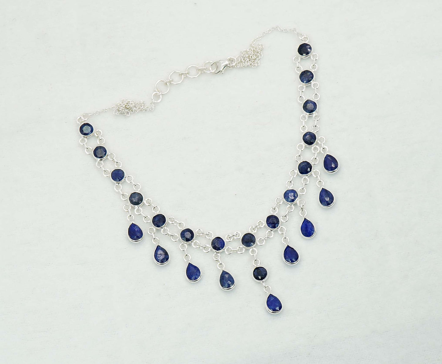 925 Solid Sterling Silver Faceted Blue Sapphire Necklace - 12 GM