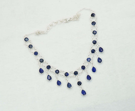925 Solid Sterling Silver Faceted Blue Sapphire Necklace - 12 GM