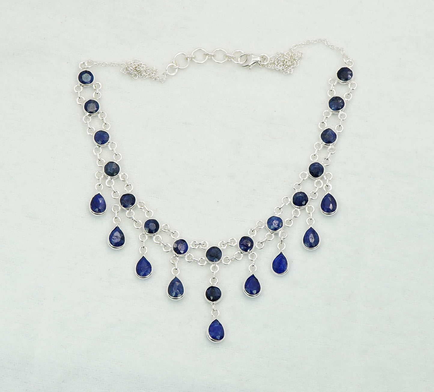 925 Solid Sterling Silver Faceted Blue Sapphire Necklace - 12 GM