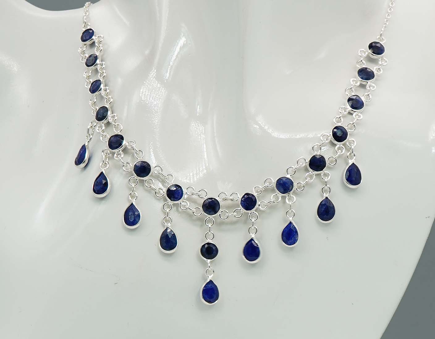 925 Solid Sterling Silver Faceted Blue Sapphire Necklace - 12 GM