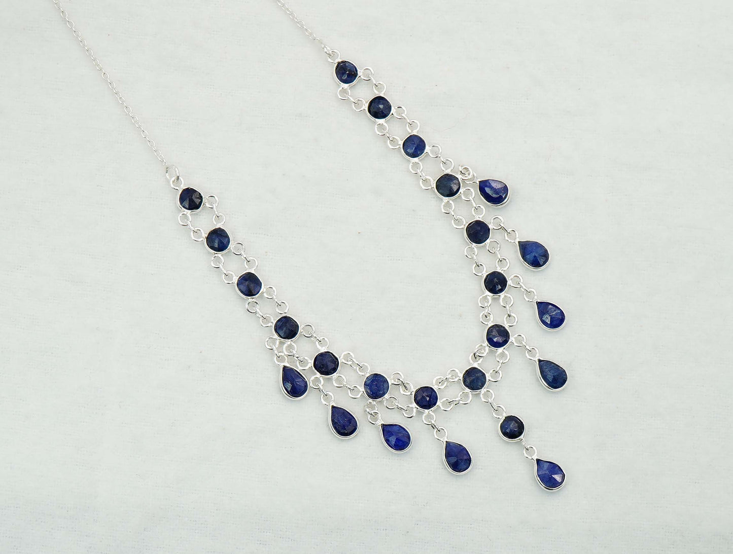 925 Solid Sterling Silver Faceted Blue Sapphire Necklace - 12 GM