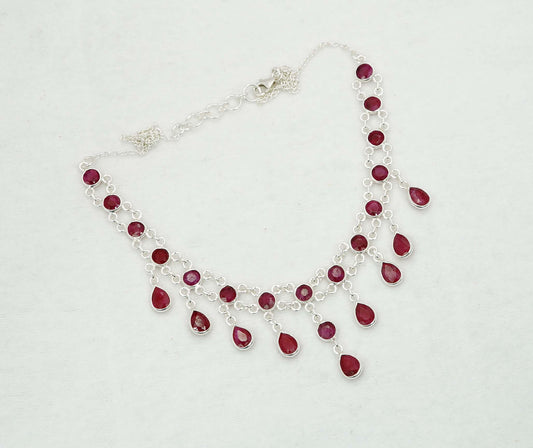 925 Solid Sterling Silver Faceted Red Ruby Necklace - 12 GM