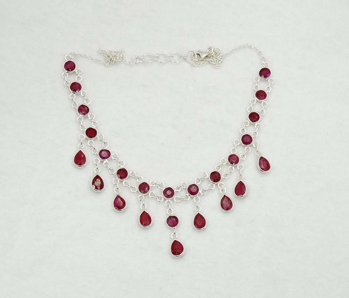 925 Solid Sterling Silver Faceted Red Ruby Necklace - 12 GM