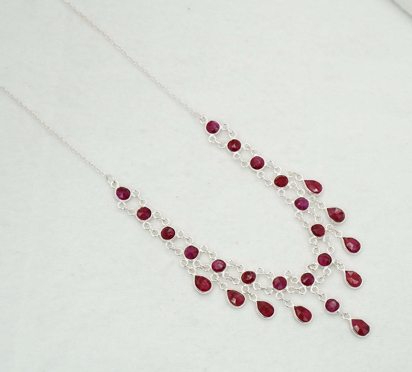 925 Solid Sterling Silver Faceted Red Ruby Necklace - 12 GM