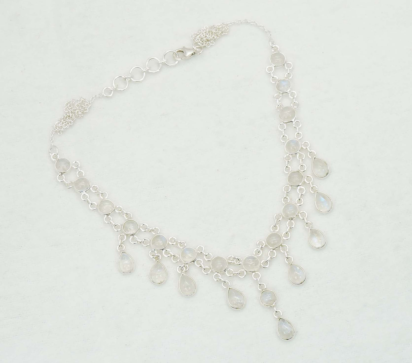 925 Solid Sterling Silver White Rainbow Moonstone Necklace - 12.6 GM