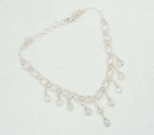 925 Solid Sterling Silver White Rainbow Moonstone Necklace - 12.6 GM