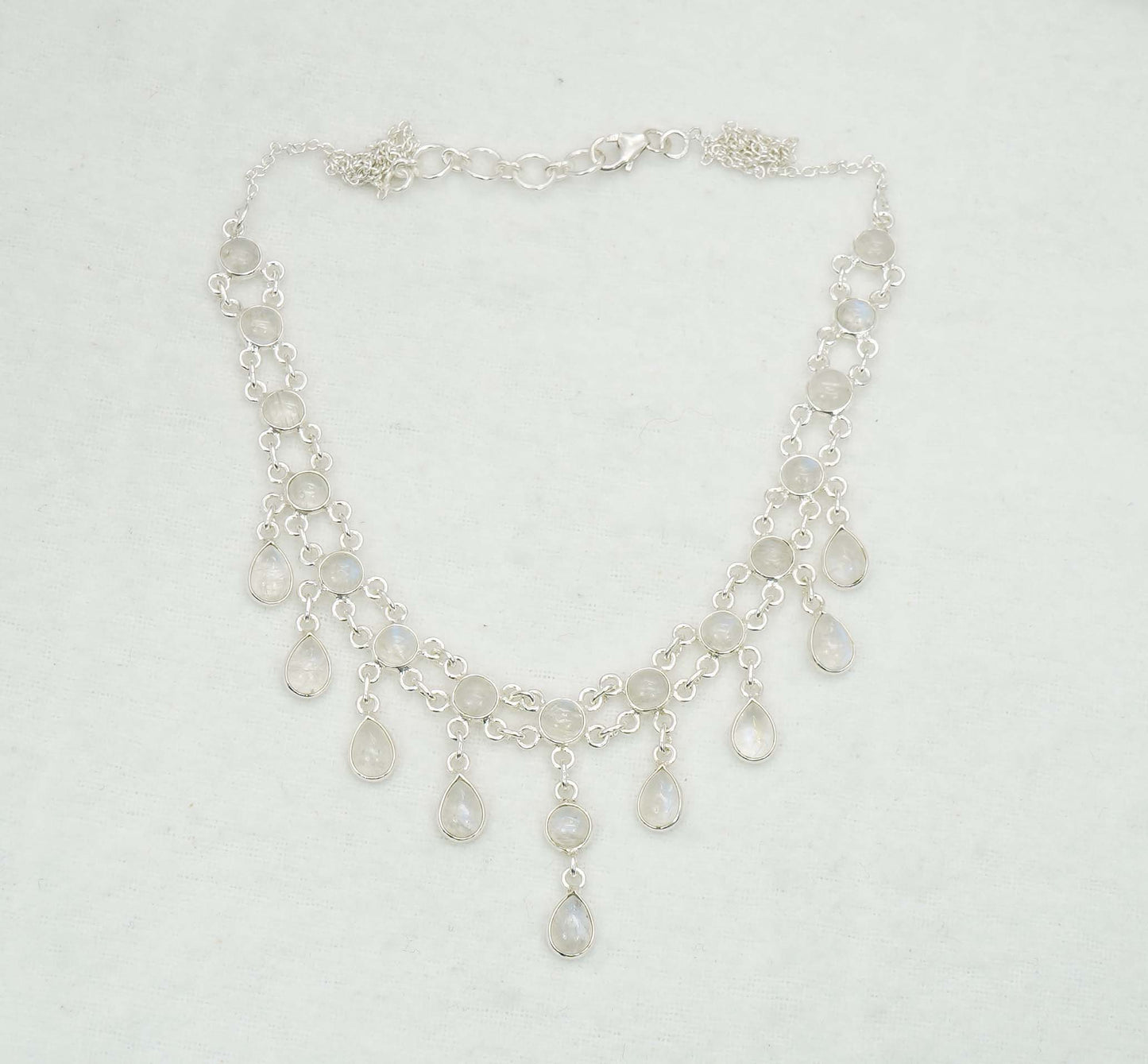 925 Solid Sterling Silver White Rainbow Moonstone Necklace - 12.6 GM