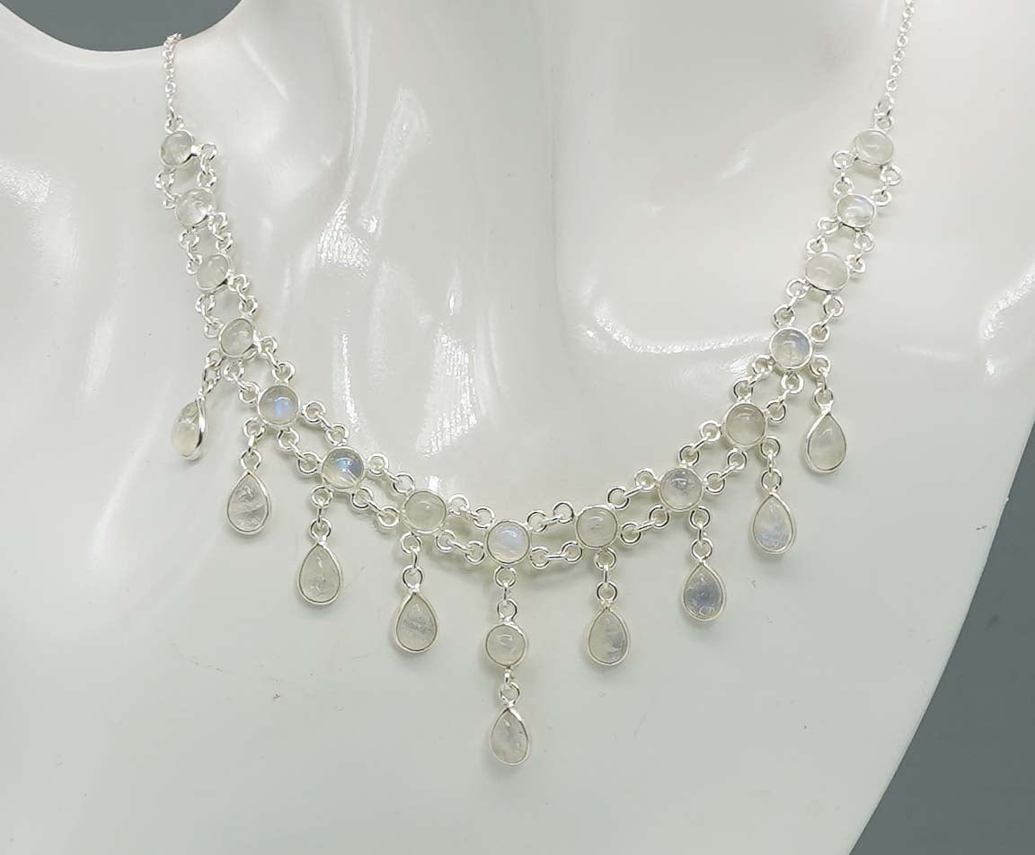 925 Solid Sterling Silver White Rainbow Moonstone Necklace - 12.6 GM