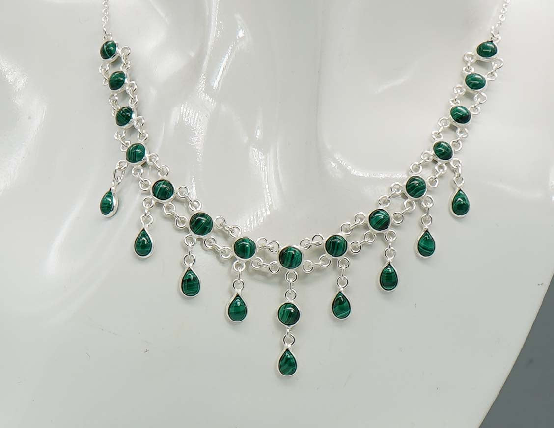 925 Solid Sterling Silver Green Malachite Necklace - 12.7 GM