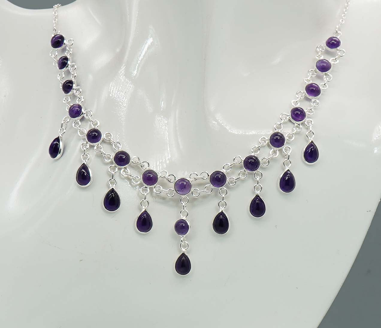 925 Solid Sterling Silver Purple Amethyst Necklace - 12.4 GM