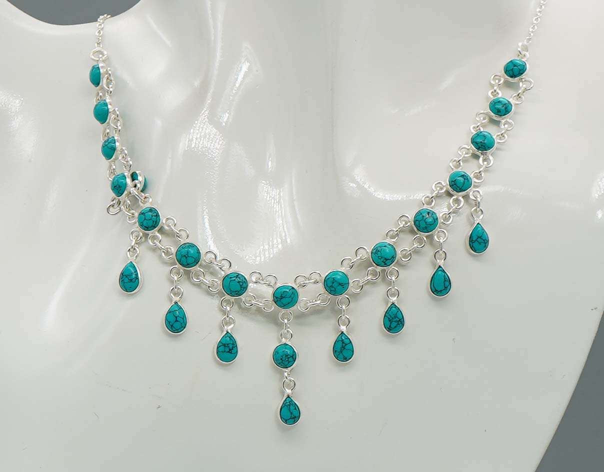 925 Solid Sterling Silver Turquoise Necklace - 14.7 GM