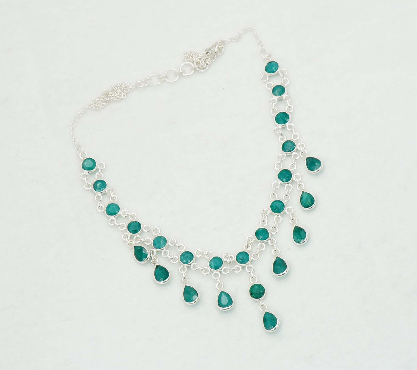 925 Solid Sterling Silver Faceted Green Emerald Necklace - 12.7 GM