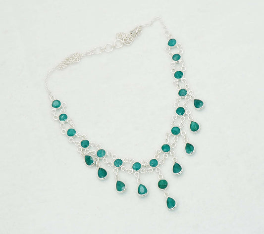 925 Solid Sterling Silver Faceted Green Emerald Necklace - 12.7 GM