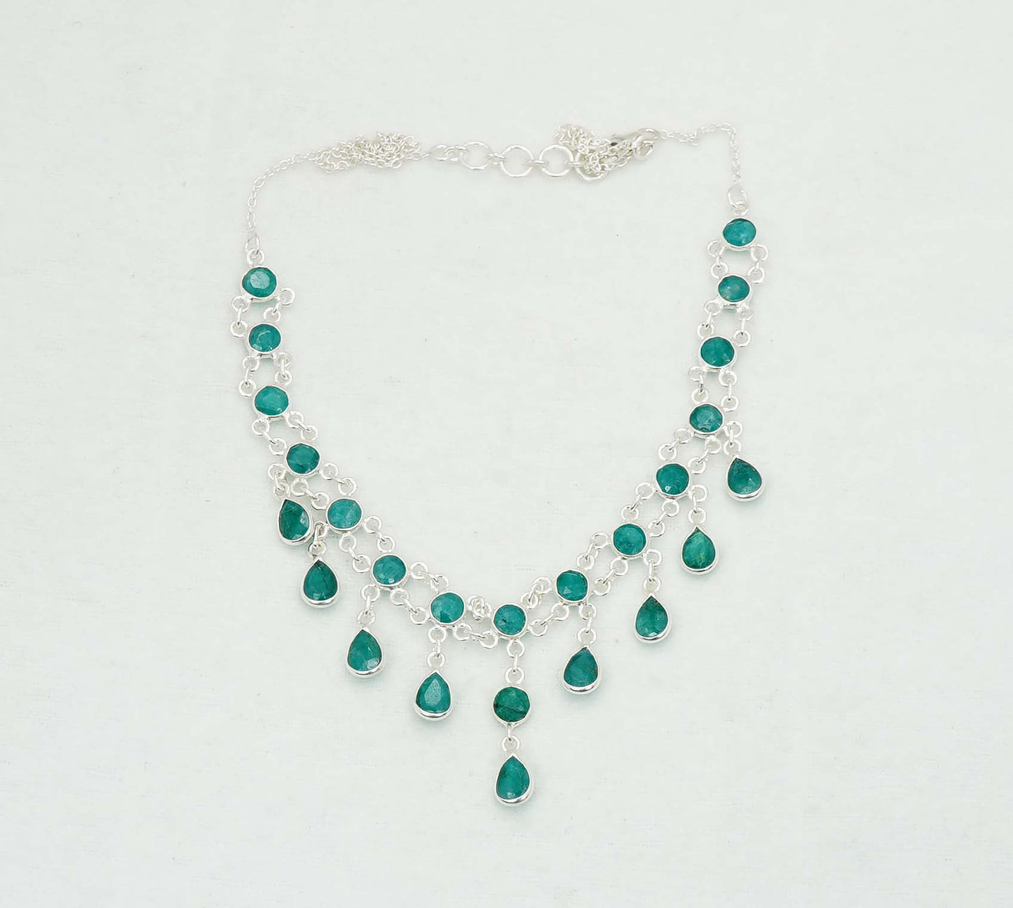 925 Solid Sterling Silver Faceted Green Emerald Necklace - 12.7 GM
