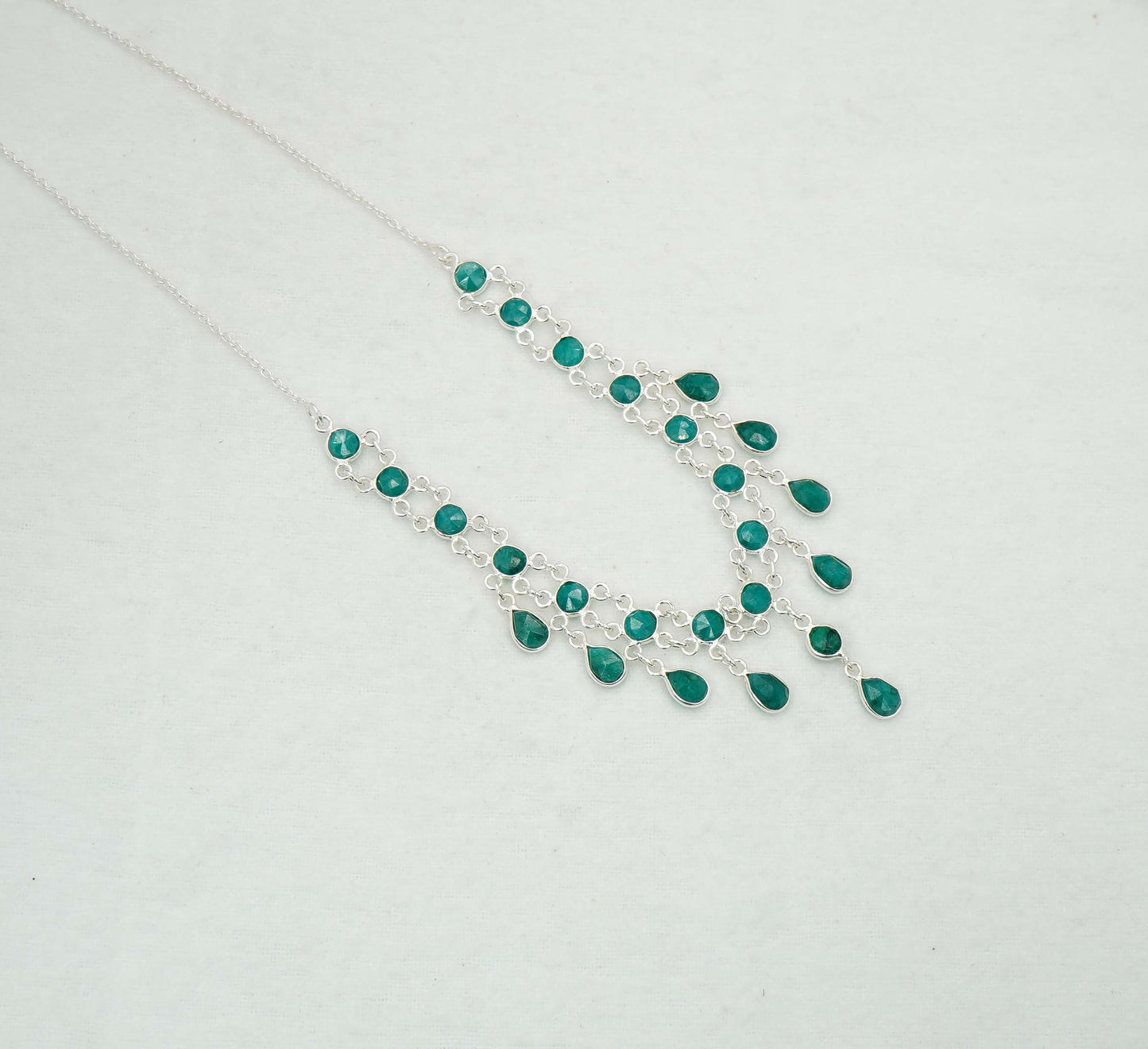925 Solid Sterling Silver Faceted Green Emerald Necklace - 12.7 GM