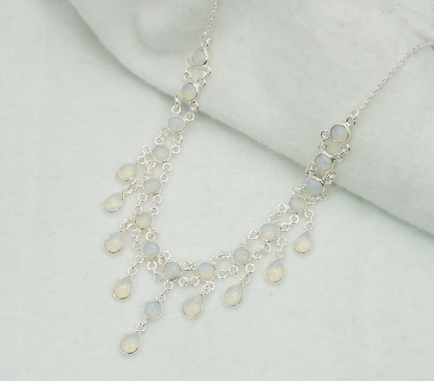 925 Solid Sterling Silver Milky Opalite Necklace - 12.4 GM