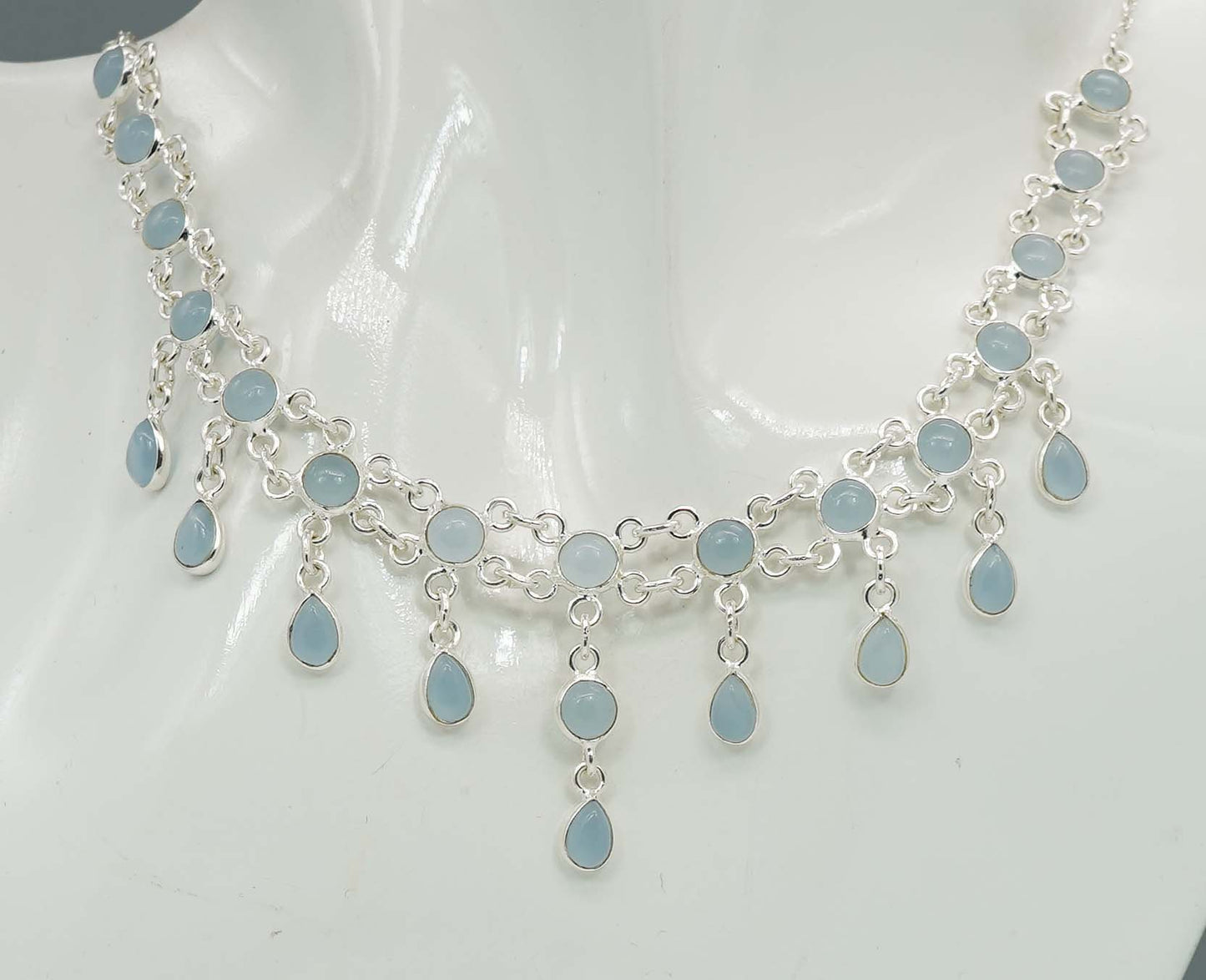 925 Solid Sterling Silver Blue Chalcedony Necklace - 12.8 GM