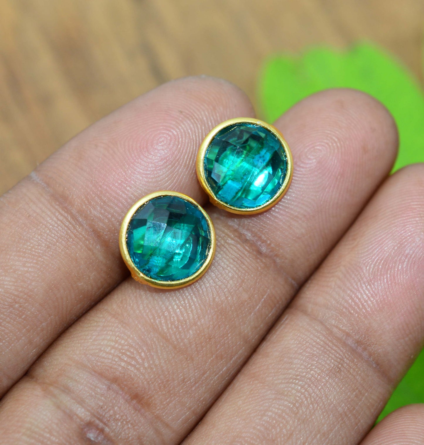 WHOLESALE 5PR 925 SOLID STERLING 24CT GOLD OVERLAY TEAL BLUE QUARTZ STUD LOT