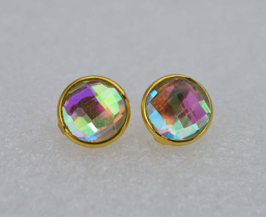 925 SOLID STERLINGSILVER 24CT GOLD OVERLAY RAINBOW MYSTIC QUARTZ STUD EARRING