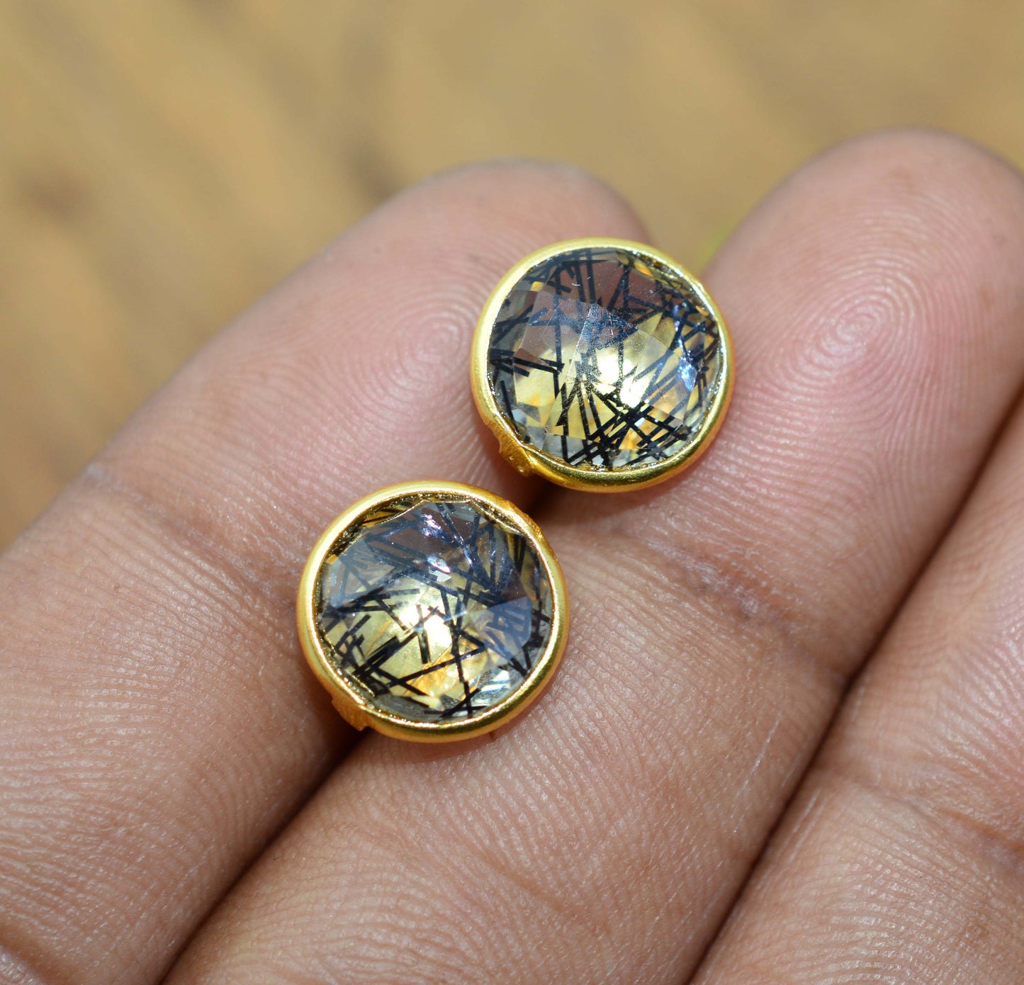 WHOLESALE 5PR 925 SOLID STERLING 24CT GOLD OVERLAY CUT BLACK RUTILE STUD LOT