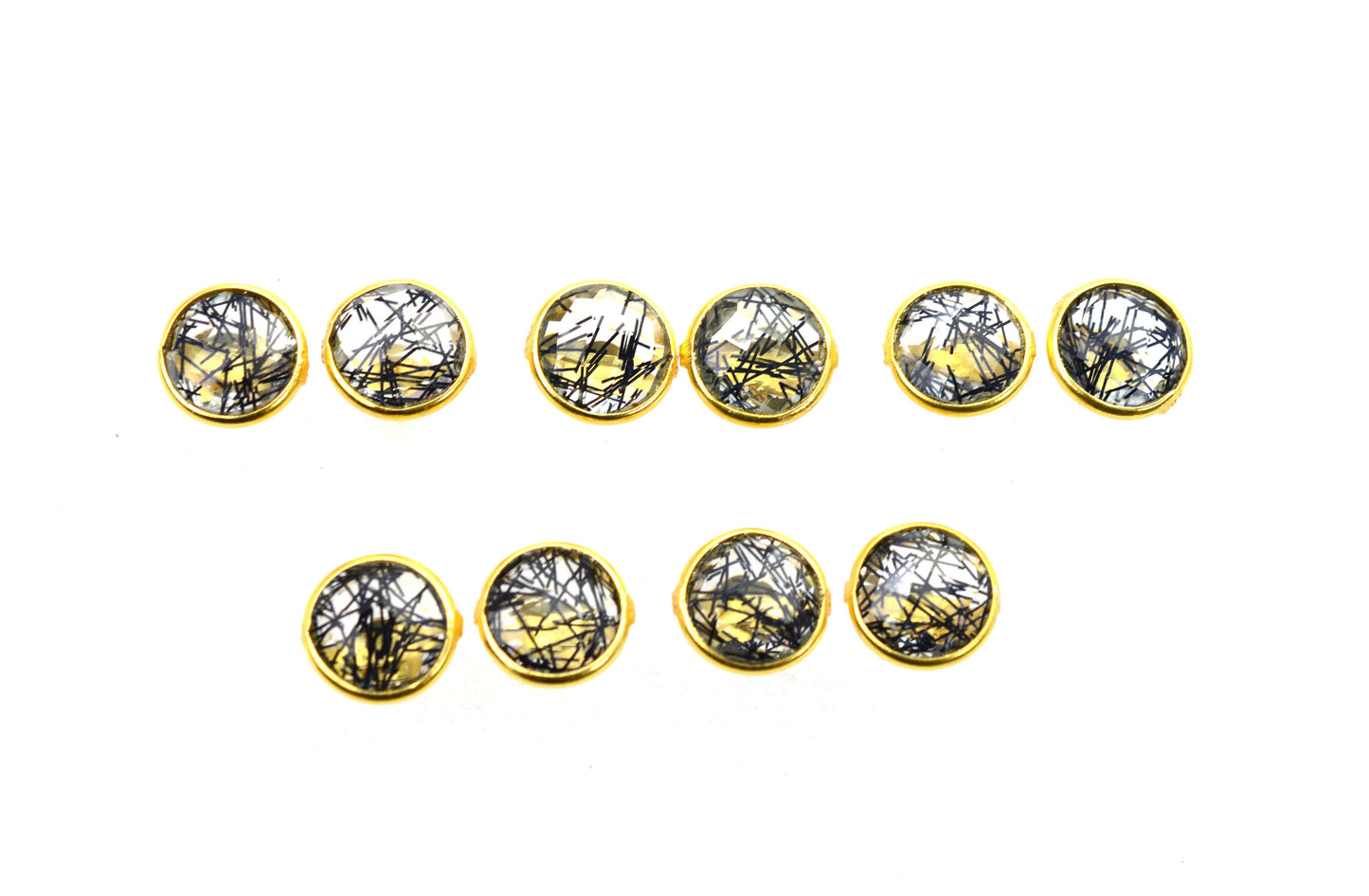 WHOLESALE 5PR 925 SOLID STERLING 24CT GOLD OVERLAY CUT BLACK RUTILE STUD LOT