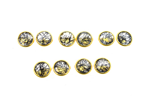 WHOLESALE 5PR 925 SOLID STERLING 24CT GOLD OVERLAY CUT BLACK RUTILE STUD LOT